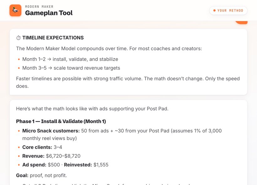 My Gameplan Tool mid-run: a branded chat page showing a buyer’s profit plan with customers, clients and revenue for Month 1